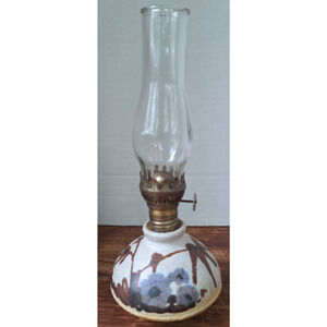 Vintage Studio Pottery Stoneware Oil Lamp Blue Floral Design 8 1/2" Tall